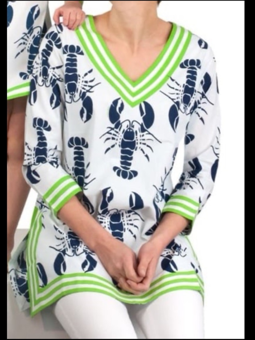 GRETCHEN SCOTT LOBSTER PRINT TUNIC STYLE BLOUSE OR SWIMSUIT COVER-UP//NAVY & GRN